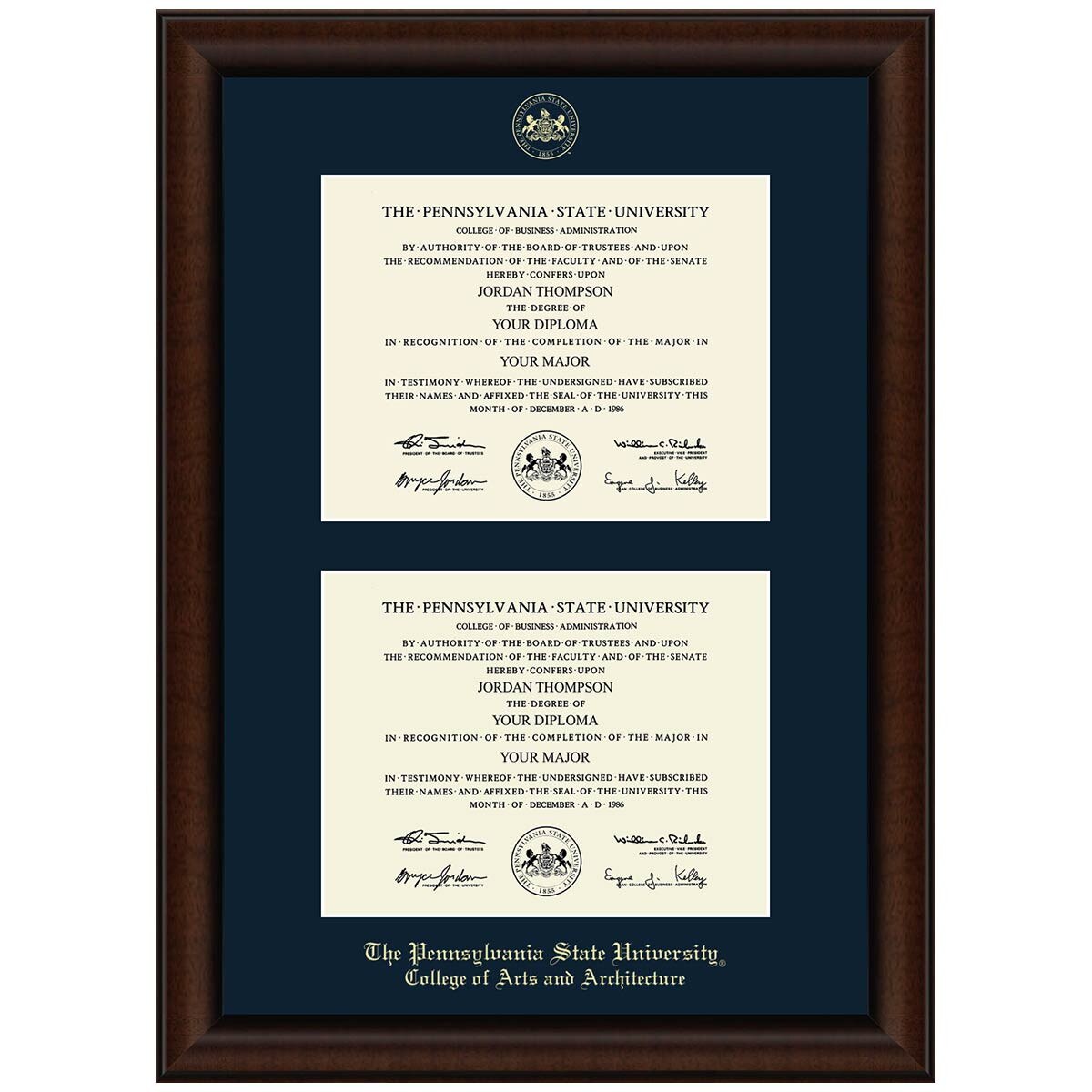 #106 Penn State College of Arts and Architecture double diploma frame Lenox (Walnut)